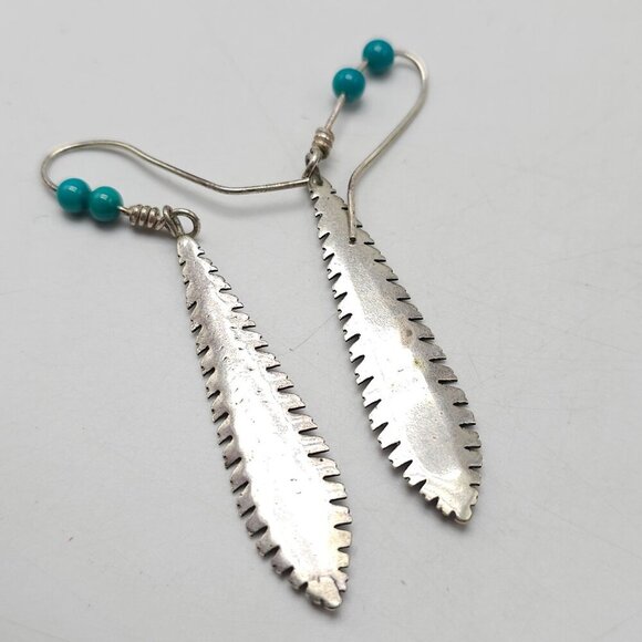 Sterling Silver Feather Earrings With Turquoise Beads Fish Hook Design - Picture 3 of 5